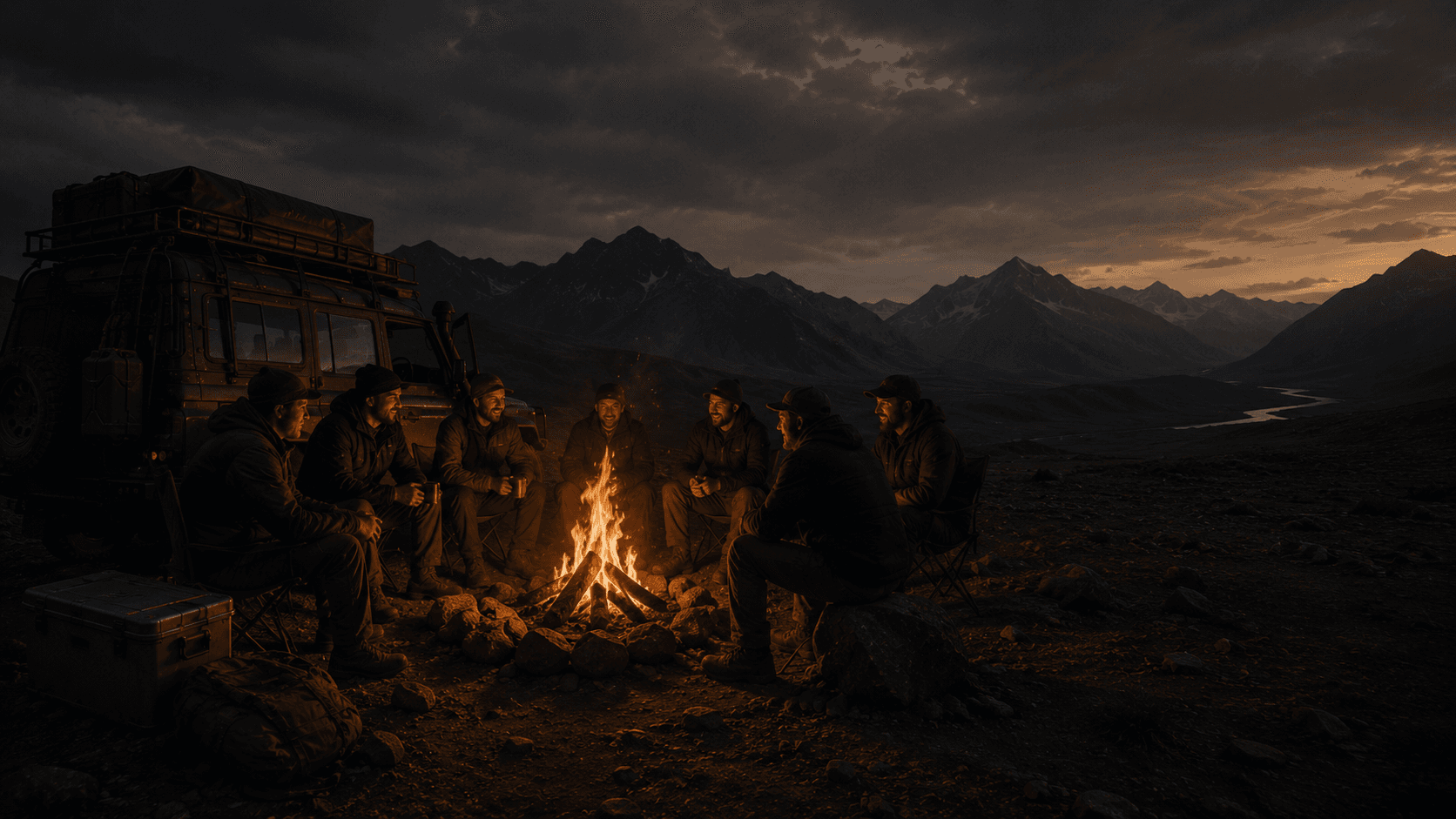 Overlanding-Community an einem Lagerfeuer