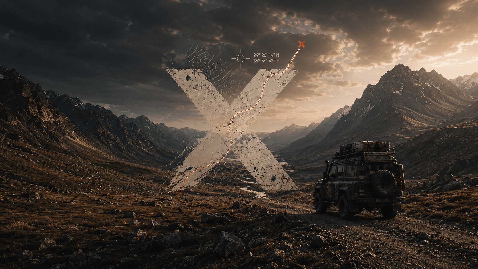 Expeditionsfahrzeug in einer abgelegenen Berglandschaft